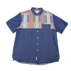 7 Diamonds Short Sleeve Western Denim Color Block Plaid Button Down Shirt XL
